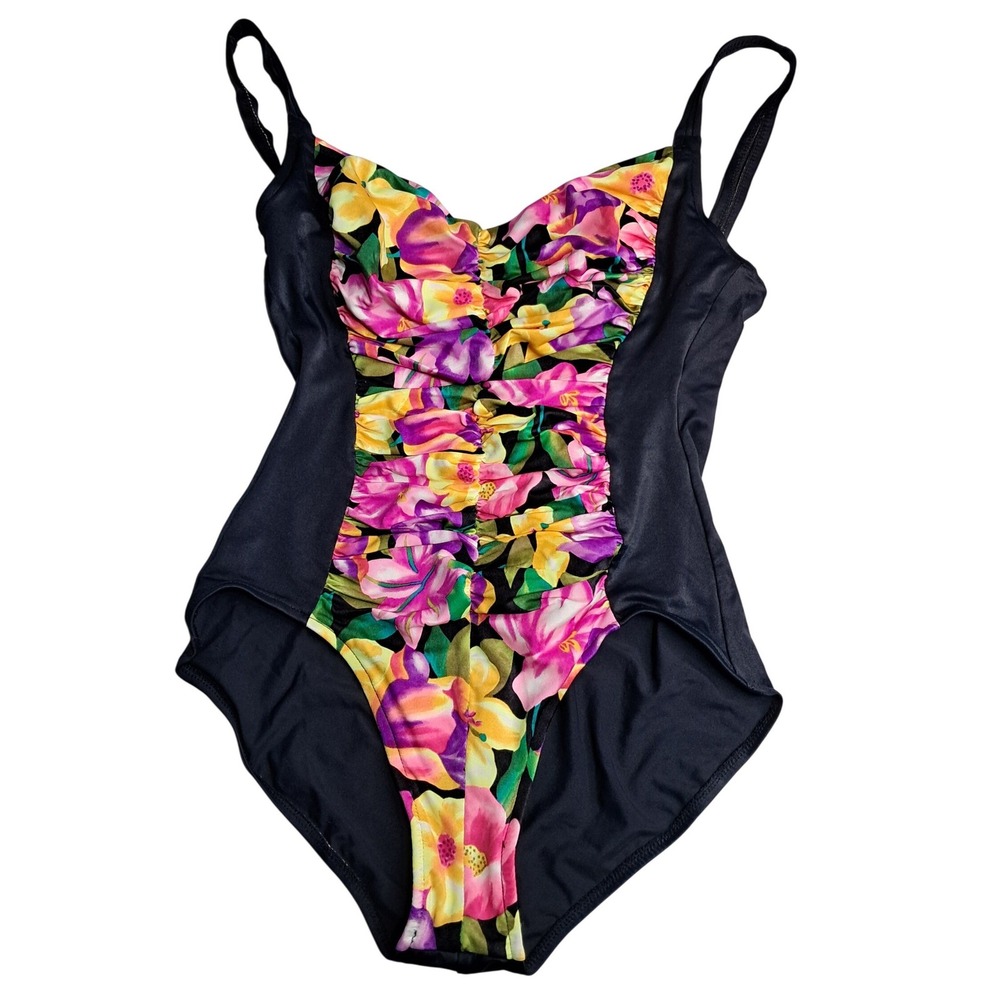 Catalina One Piece Swimsuit Women Size 14 Black Floral Ruched 80s Vintage